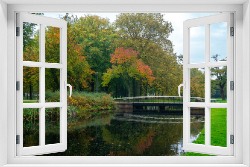 Fototapeta Naklejka Na Ścianę Okno 3D - City park, trees reflection on the pond water, autumn. Rotterdam, Netherlands.
