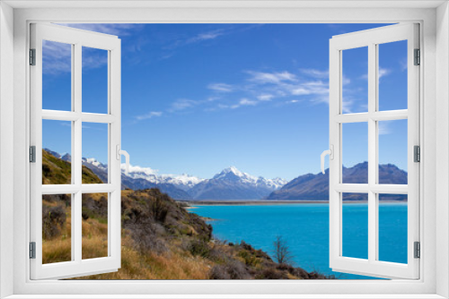 Fototapeta Naklejka Na Ścianę Okno 3D - View of Lake Pukaki with Mt Cook as a Background, South Island New Zealand ,Summertime