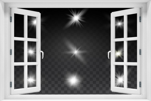 Fototapeta Naklejka Na Ścianę Okno 3D - White glowing light explodes on a transparent background. Sparkling magical dust particles. Bright Star. Transparent shining sun, bright flash. Vector sparkles. To center a bright flash.
