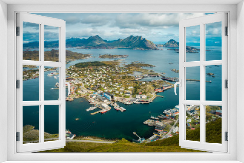Fototapeta Naklejka Na Ścianę Okno 3D - Scenic view of the city of Ballstad and the harbor at Lofoten Islands in autmun