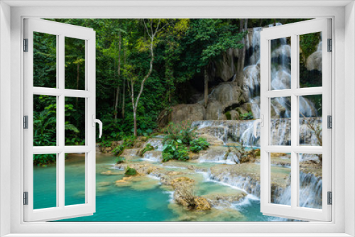 Fototapeta Naklejka Na Ścianę Okno 3D - Turquoise water of Kuang Si waterfall, Luang Prabang, Laos. Tropical rainforest. The beauty of nature.
