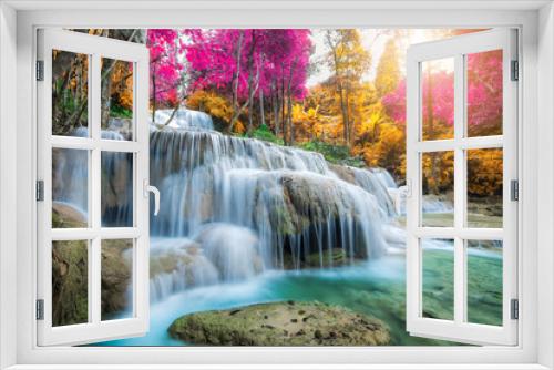 Fototapeta Naklejka Na Ścianę Okno 3D - Amazing in nature, beautiful waterfall at colorful autumn forest in fall season