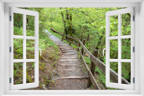 Fototapeta Naklejka Na Ścianę Okno 3D - Wooden stairway in fresh green forest for background with copy space