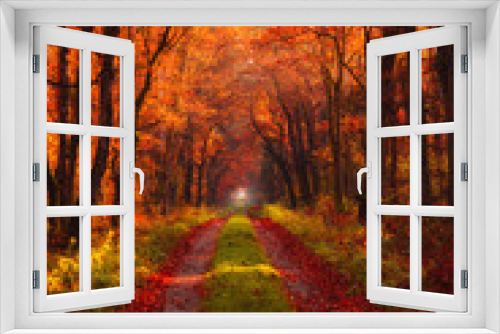 Fototapeta Naklejka Na Ścianę Okno 3D - Road in autumn forest at morning with rays of warm sun light shine through branches and vivid gold and red fall leaves.