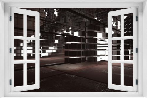 Fototapeta Naklejka Na Ścianę Okno 3D - Abstract architectural concrete  and rusted metal interior from an array of white cubes with neon lighting. 3D illustration and rendering.