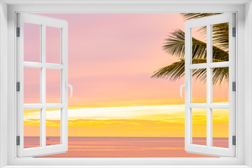 Fototapeta Naklejka Na Ścianę Okno 3D - Beautiful sea ocean beach with palm tree at sunrise time for holiday