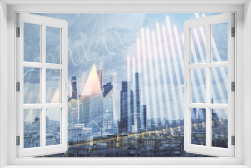 Fototapeta Naklejka Na Ścianę Okno 3D - Double exposure of financial graph on downtown veiw background. Concept of stock market research and analysis