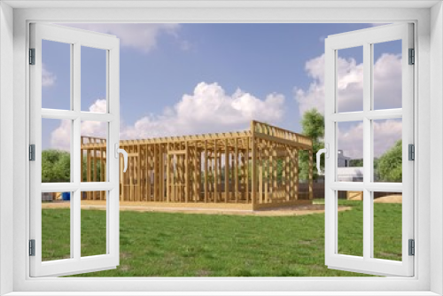 Fototapeta Naklejka Na Ścianę Okno 3D - 3d image of a frame building under construction. Detailed concept of construction. 3D illustration of frame house.