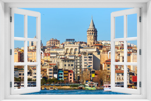Fototapeta Naklejka Na Ścianę Okno 3D - Beyoglu district historic architecture and Galata tower medieval landmark in Istanbul, Turkey