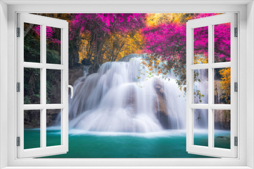 Fototapeta Naklejka Na Ścianę Okno 3D - Amazing in nature, beautiful waterfall at colorful autumn forest in fall season	