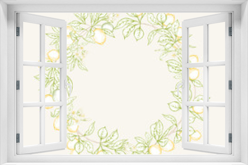 Fototapeta Naklejka Na Ścianę Okno 3D - Lemon tree branch with lemons, flowers and leaves. Element for design. Colored outline hand drawing vector illustration.