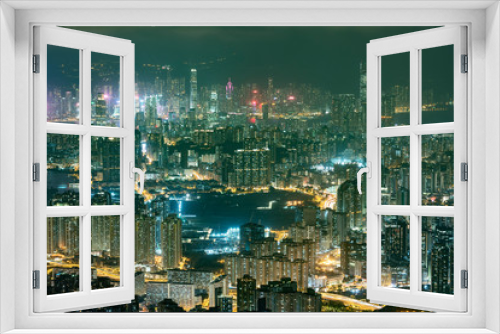 Fototapeta Naklejka Na Ścianę Okno 3D - Night scene of aerial view of Hong Kong city