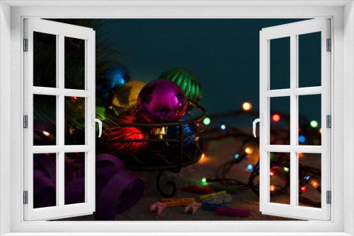 Fototapeta Naklejka Na Ścianę Okno 3D -  Christmas decoration garland mirror ball and lights