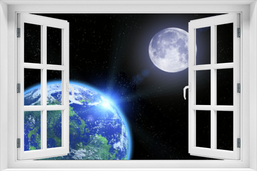 Fototapeta Naklejka Na Ścianę Okno 3D - The earth the moon and stars in space
