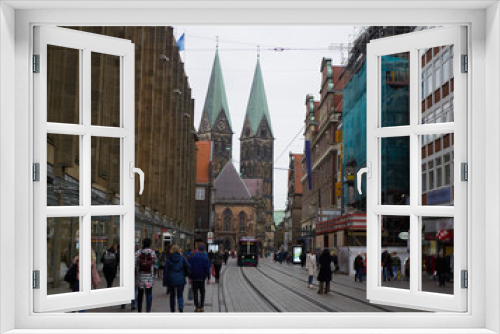 Fototapeta Naklejka Na Ścianę Okno 3D - Street view of Bremen city, Germany. Modern and medieval part of city
