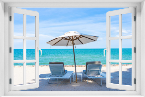 Fototapeta Naklejka Na Ścianę Okno 3D - Beautiful umbrella and chair around beach sea ocean with blue sky for travel