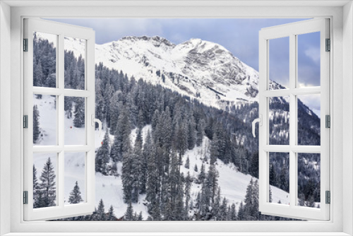 Fototapeta Naklejka Na Ścianę Okno 3D - Winter white forest with snow,snow-capped mountain peaks.Wide Panoramic View.
