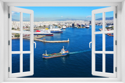 Fototapeta Naklejka Na Ścianę Okno 3D - Aerial drone panoramic photo of famous busy port of Piraeus which is the largest in Greece and Mediterranean sea, Attica