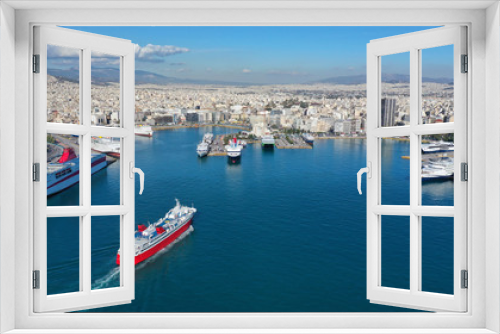 Fototapeta Naklejka Na Ścianę Okno 3D - Aerial drone panoramic photo of famous busy port of Piraeus which is the largest in Greece and Mediterranean sea, Attica