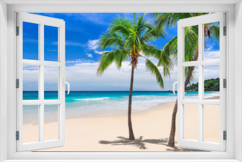 Fototapeta Naklejka Na Ścianę Okno 3D - Palm trees on sunny beach tropical sea  paradise island. Background.