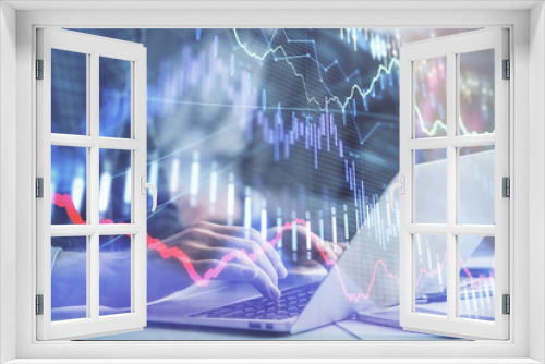Fototapeta Naklejka Na Ścianę Okno 3D - Double exposure of market chart with man working on computer on background. Concept of financial analysis.