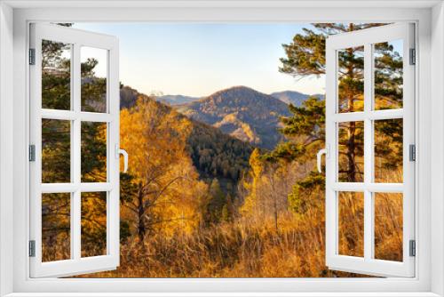 Fototapeta Naklejka Na Ścianę Okno 3D - Forested mountains, autumn nature on a sunny evening