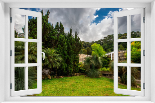 Fototapeta Naklejka Na Ścianę Okno 3D - The natural background of the decoration of the park or the ornamental garden, the atmosphere is surrounded by many plants, for people to sit and relax while traveling.  B