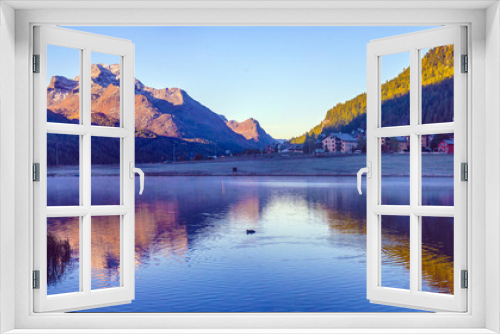 Fototapeta Naklejka Na Ścianę Okno 3D - Mountain lake panorama with mountains reflection. Idyllic look. Autumn forest. Silvaplana Lake, Switzerland