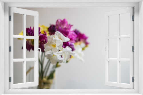 Fototapeta Naklejka Na Ścianę Okno 3D - beautiful multi-colored alstroemeria bouquet in a glass vase