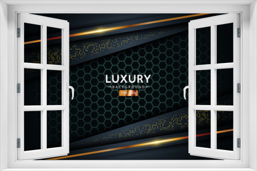 luxurious premium black abstract background with golden lines. Overlap textured layer design.