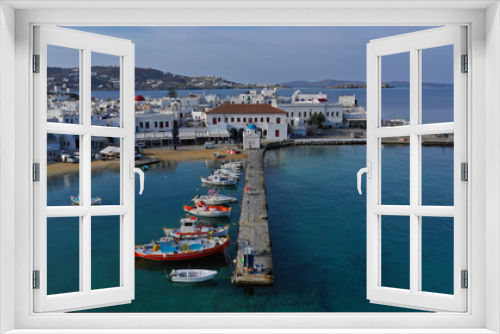Fototapeta Naklejka Na Ścianę Okno 3D - Aerial drone panoramic photo of picturesque old port in main village of Mykonos island at sunrise with beautiful colours, Cyclades, Greece