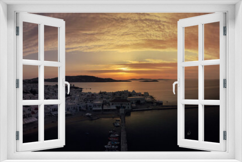 Fototapeta Naklejka Na Ścianę Okno 3D - Aerial drone panoramic photo of picturesque old port in main village of Mykonos island at sunset with beautiful colours, Cyclades, Greece