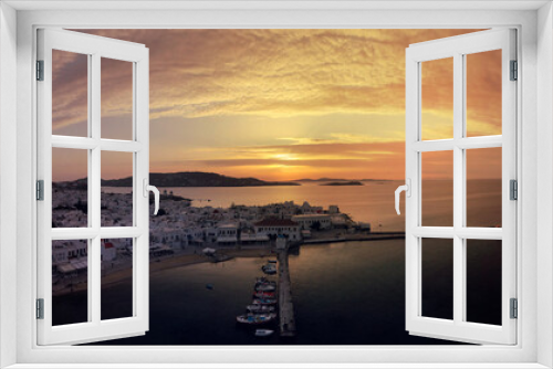 Fototapeta Naklejka Na Ścianę Okno 3D - Aerial drone panoramic photo of picturesque old port in main village of Mykonos island at sunset with beautiful colours, Cyclades, Greece