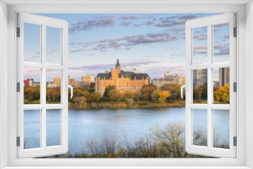 Panorama view of Saskatoon, Canada cityscape over river