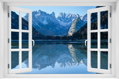 Fototapeta Naklejka Na Ścianę Okno 3D - Autumn peaceful alpine lake Durrensee or Lago di Landro. Snow-capped Cristallo rocky mountain group behind, Dolomites, Italy, Europe. Seasonal and nature beauty concept. People and cars unrecognizable