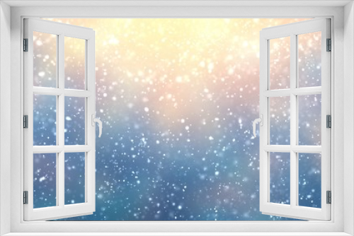 Fototapeta Naklejka Na Ścianę Okno 3D - Winter outdoor cool background. Snowfall and festive flare pattern. Yellow blue gradient. 