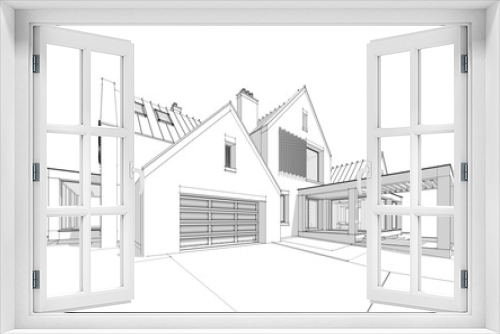 Fototapeta Naklejka Na Ścianę Okno 3D - 3d rendering of modern cozy clinker house on the ponds with garage and pool for sale or rent. Black line sketch with soft light shadows on white background