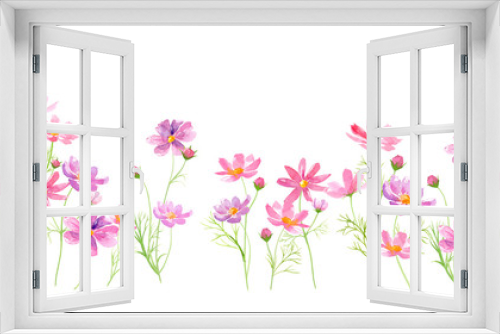 Fototapeta Naklejka Na Ścianę Okno 3D - コスモスの花の咲く道。水彩イラスト。