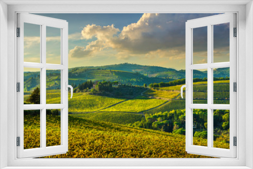 Fototapeta Naklejka Na Ścianę Okno 3D - Panzano in Chianti vineyard and panorama at sunset. Tuscany, Italy