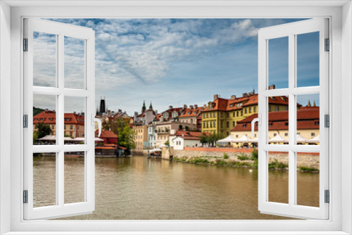 Fototapeta Naklejka Na Ścianę Okno 3D - View from Boat to Old Town of East Europe Prague City with stunning sky sunset