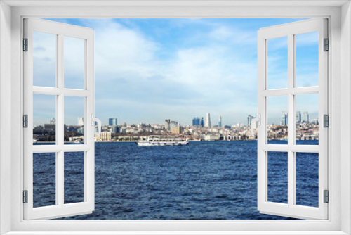 Fototapeta Naklejka Na Ścianę Okno 3D - view of city through sea with ferry in Istanbul Turkey