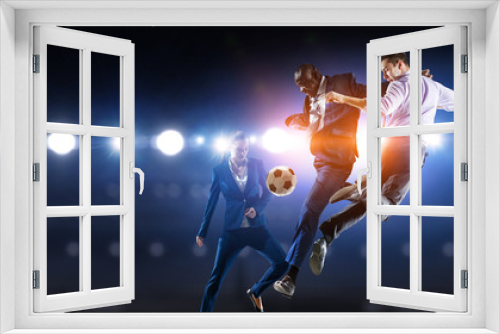 Fototapeta Naklejka Na Ścianę Okno 3D - Soccer man in action with ball. Mixed media