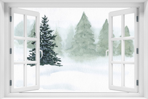 Fototapeta Naklejka Na Ścianę Okno 3D - Winter forest on a snow day. Watercolor hand drawn painting, good for Christmas end new year decoration with copy space.