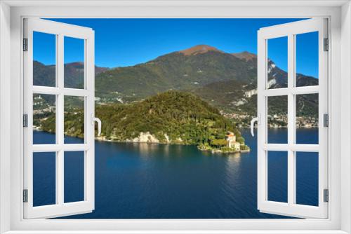 Fototapeta Naklejka Na Ścianę Okno 3D - Panoramic top view of Lake Como. Lombardy, Italy. Villa del Balbianello, famous villa in the comune of Lenno. Autumn season. Perfect clear blue sky.