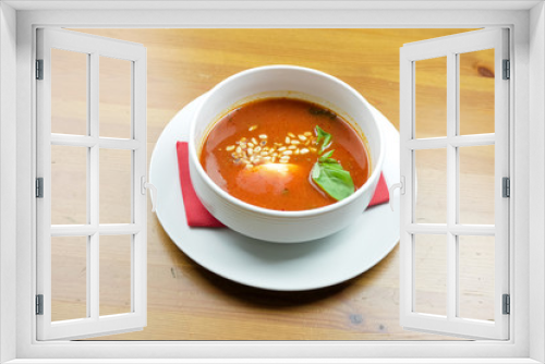 Fototapeta Naklejka Na Ścianę Okno 3D - Soup on a restaurant table