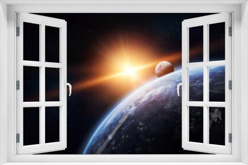 Fototapeta Naklejka Na Ścianę Okno 3D - Earth planet with sloar light in space. Sun, Moon and stars. Elements of this image furnished by NASA