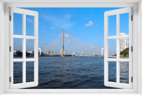Fototapeta Naklejka Na Ścianę Okno 3D - River view, overlooking the bridge over the Chao Phraya River at Bangkok, Thailand