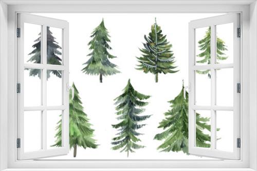 Fototapeta Naklejka Na Ścianę Okno 3D - Set of Christmas tree watercolor icon. Collection of New Years xmas trees with heralds, striped christmas pine. 2020 winter holidays party green fir.