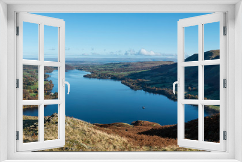 Fototapeta Naklejka Na Ścianę Okno 3D - Beautiful Autumn Fall landscape of Ullswater and surrounding mountains and hills viewed from Hallin Fell on a crisp cold morning with majestic sunlgiht on the hillsides