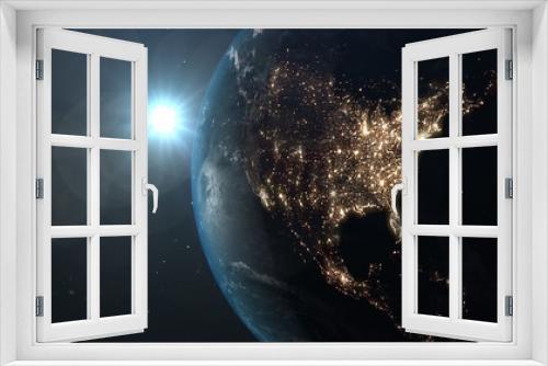 Fototapeta Naklejka Na Ścianę Okno 3D - World and sun realistic 3D rendering. Shiny sunlight over Planet Earth, cosmos, atmosphere, america, usa . Shot from Space satellite